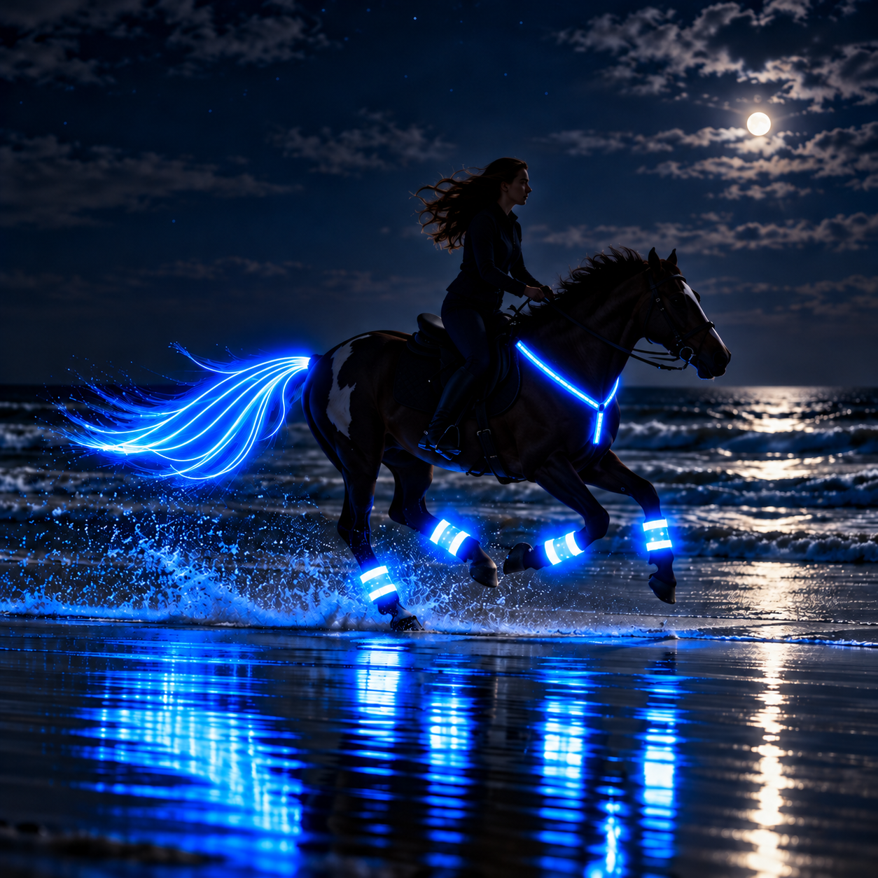 Horse wearing bright blue LED riding lights at night